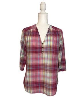 Bit & Bridle cotton plaid popover tunic blouse with 3/4 roll tab sleeves - M